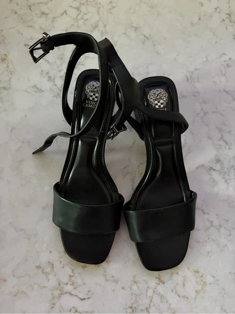 Vince Camuto Black Leather Square-Toe Ankle-Strap Heels